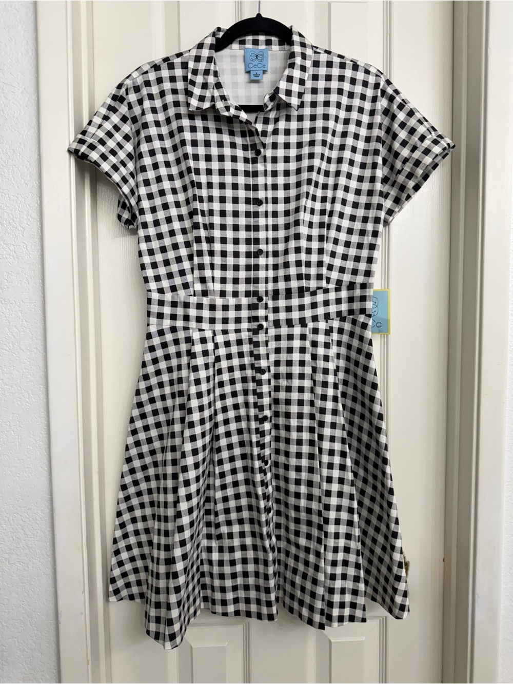 CeCe Gingham Shirt Dress Button Front Collared Knee Black/White 6